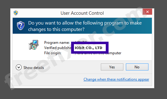 Screenshot where IObit CO., LTD appears as the verified publisher in the UAC dialog